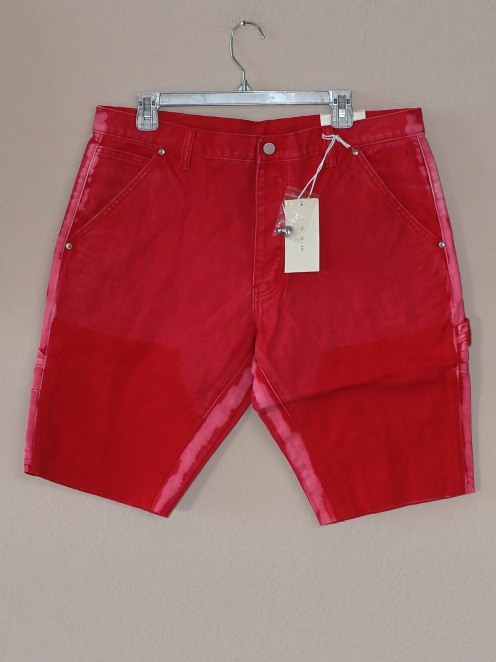 NWT Men's MNML Red Denim Raw Hem Carpenter Painter Shorts Size 34 R404